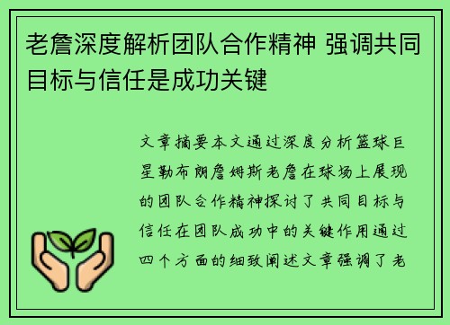 老詹深度解析团队合作精神 强调共同目标与信任是成功关键