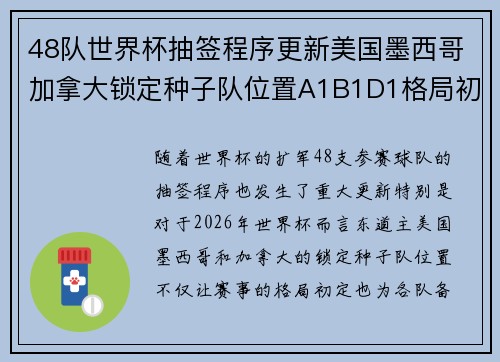 48队世界杯抽签程序更新美国墨西哥加拿大锁定种子队位置A1B1D1格局初定 48队世界杯抽签程序更新美国墨西哥加拿大锁定种子队位置A1B1D1格局初定