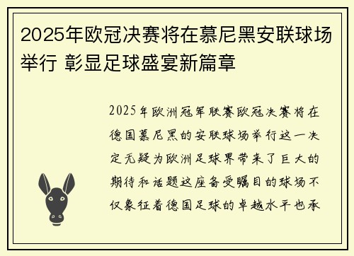 2025年欧冠决赛将在慕尼黑安联球场举行 彰显足球盛宴新篇章