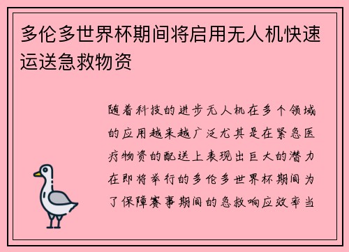 多伦多世界杯期间将启用无人机快速运送急救物资 多伦多世界杯期间将启用无人机快速运送急救物资